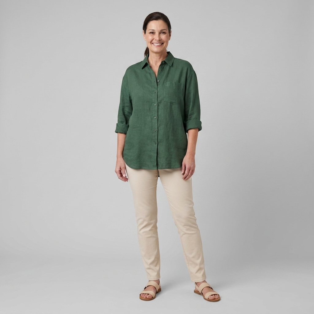 Cleo Women's Linen Shirt Forest Green - Relaxed Pose