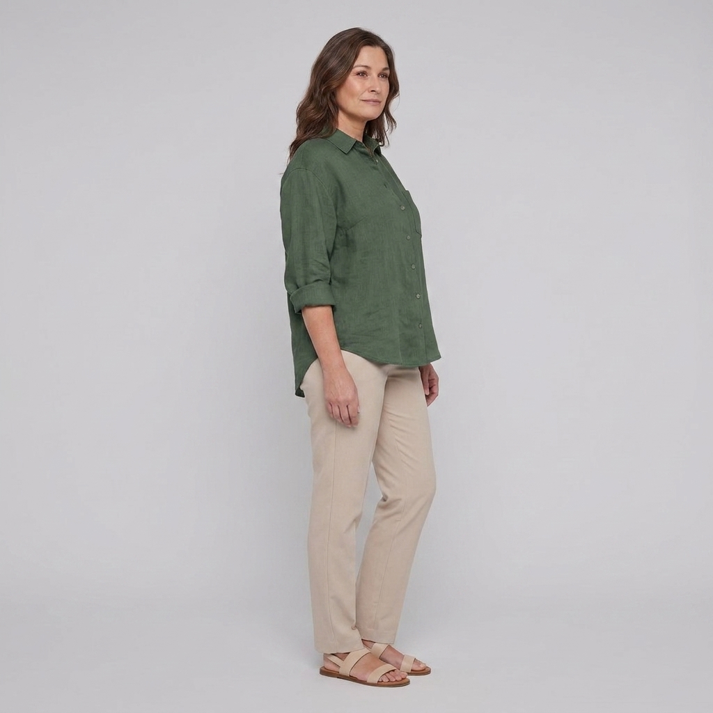 Cleo Women's Linen Shirt Forest Green - Side View