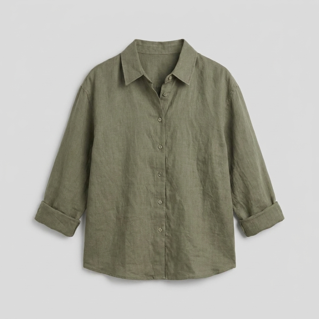 Cleo Women's Linen Shirt Forest Green - Product Flat Lay