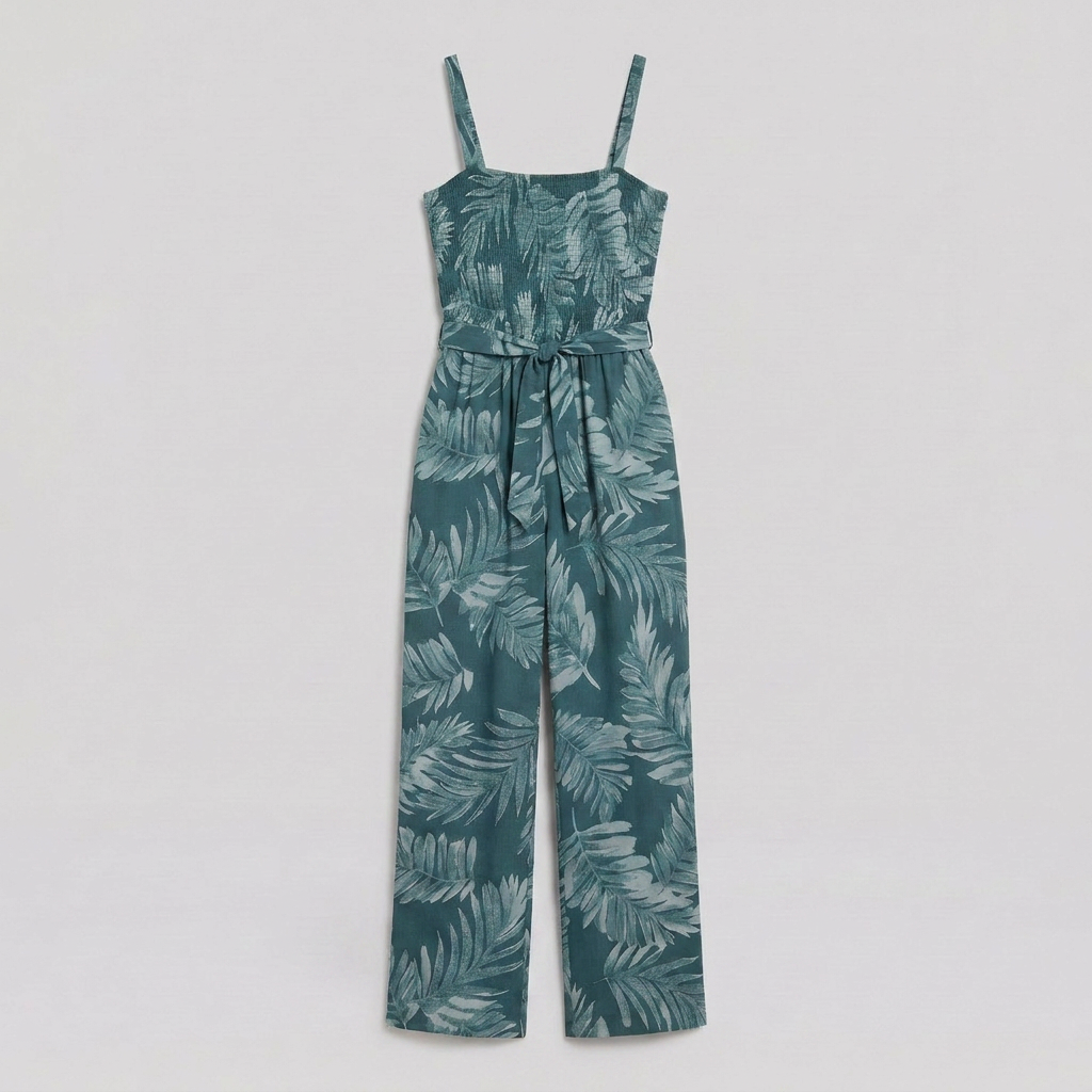 Teal spaghetti strap wide-leg jumpsuit product flat-lay