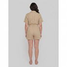 Beige utility shirt romper, back view on model