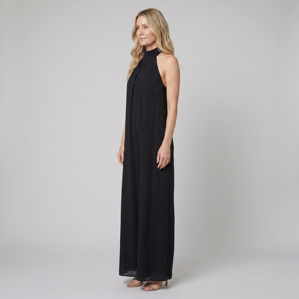 Women's Black Halter Neck Wide Leg Jumpsuit - Side View