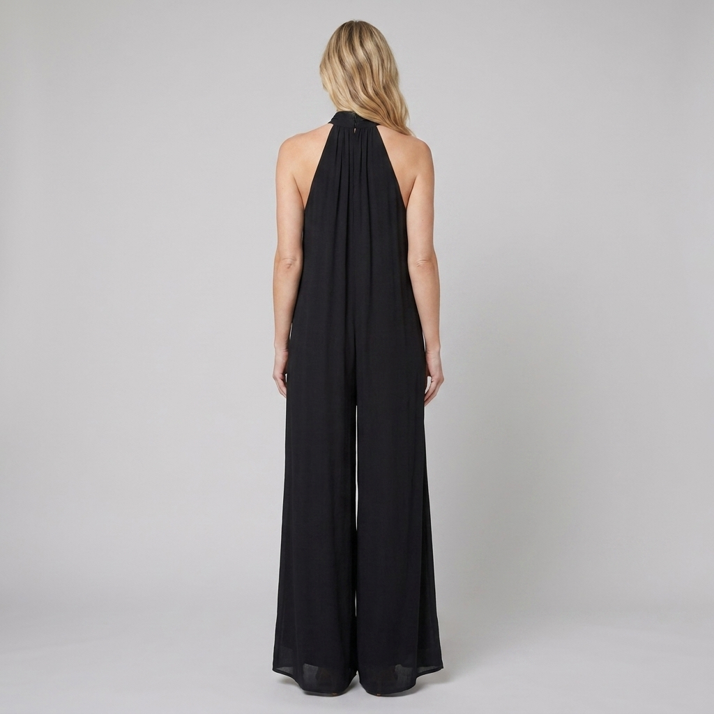 Women's Black Halter Neck Wide Leg Jumpsuit - Back View