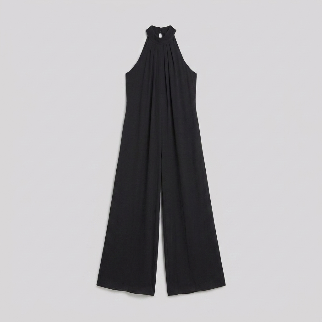 Women's Black Halter Neck Wide Leg Jumpsuit - Product Flat Lay
