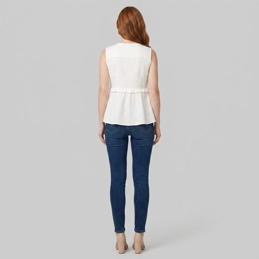 Women's White Peplum Sleeveless V-Neck Tie Front Top - Back View