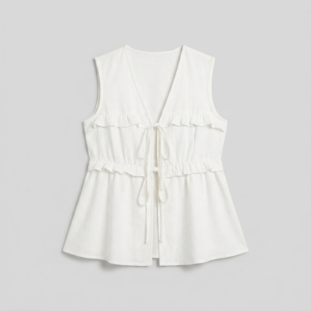 Women's White Peplum Sleeveless V-Neck Tie Front Top - Product Flat Lay