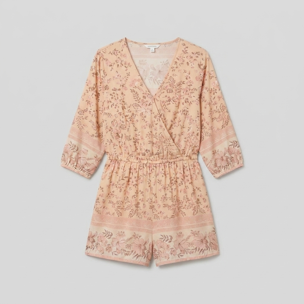 Women's Beige Floral Playsuit V-Neck - Product Flat Lay