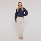 Women's Batwing Long Sleeve Ribbed Crop Top in Navy - Front View