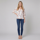 Women's Floral V-Neck Blouse Crochet Trim in White - Front View