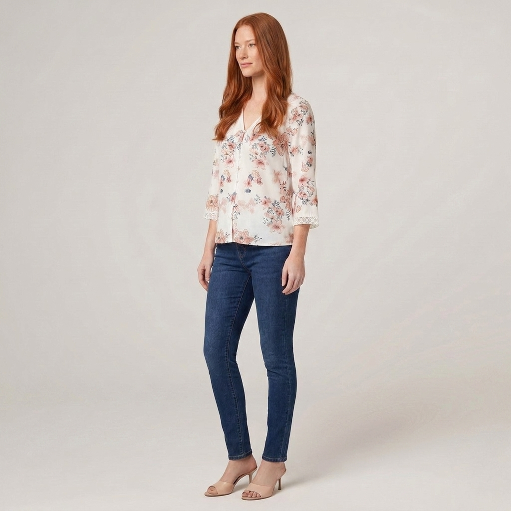 Women's Floral V-Neck Blouse Crochet Trim in White - Side View