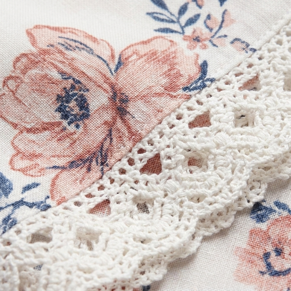 Women's Floral V-Neck Blouse Crochet Trim in White - Fabric Close-Up
