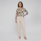 Women's Geometric Print Crew Blouse in Stone - Front View