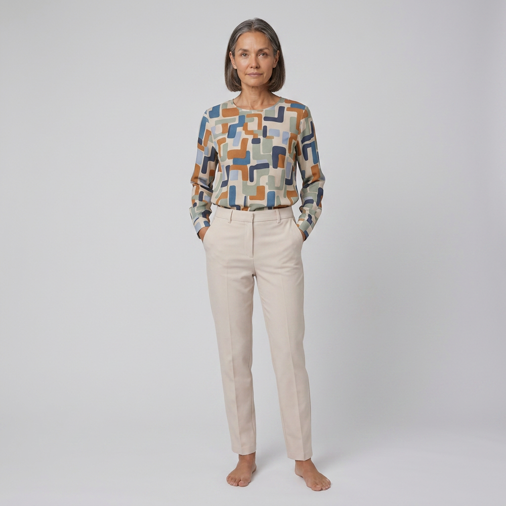 Women's Geometric Print Crew Blouse in Stone - Front Pose B
