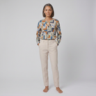 Women's Geometric Print Crew Blouse in Stone - Front Pose B