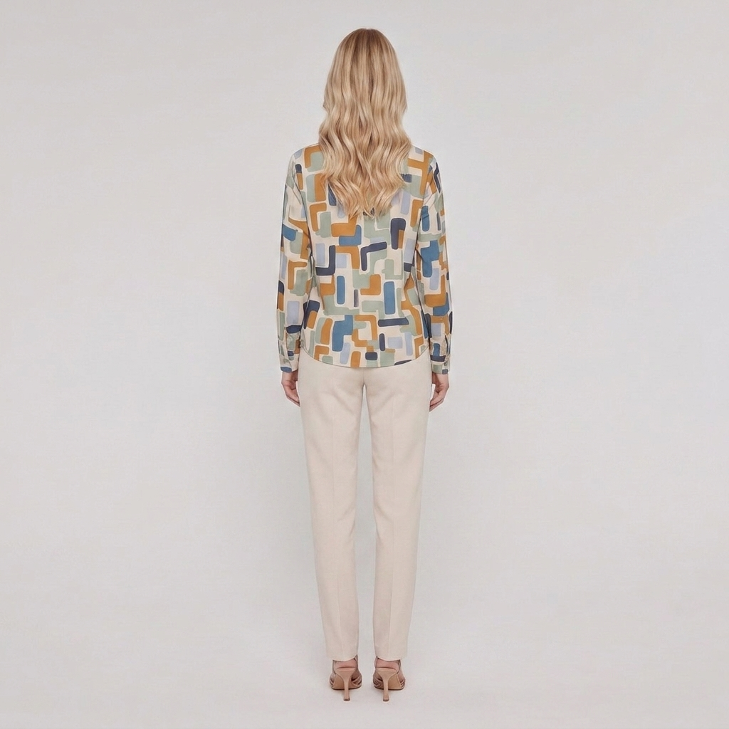 Women's Geometric Print Crew Blouse in Stone - Back View