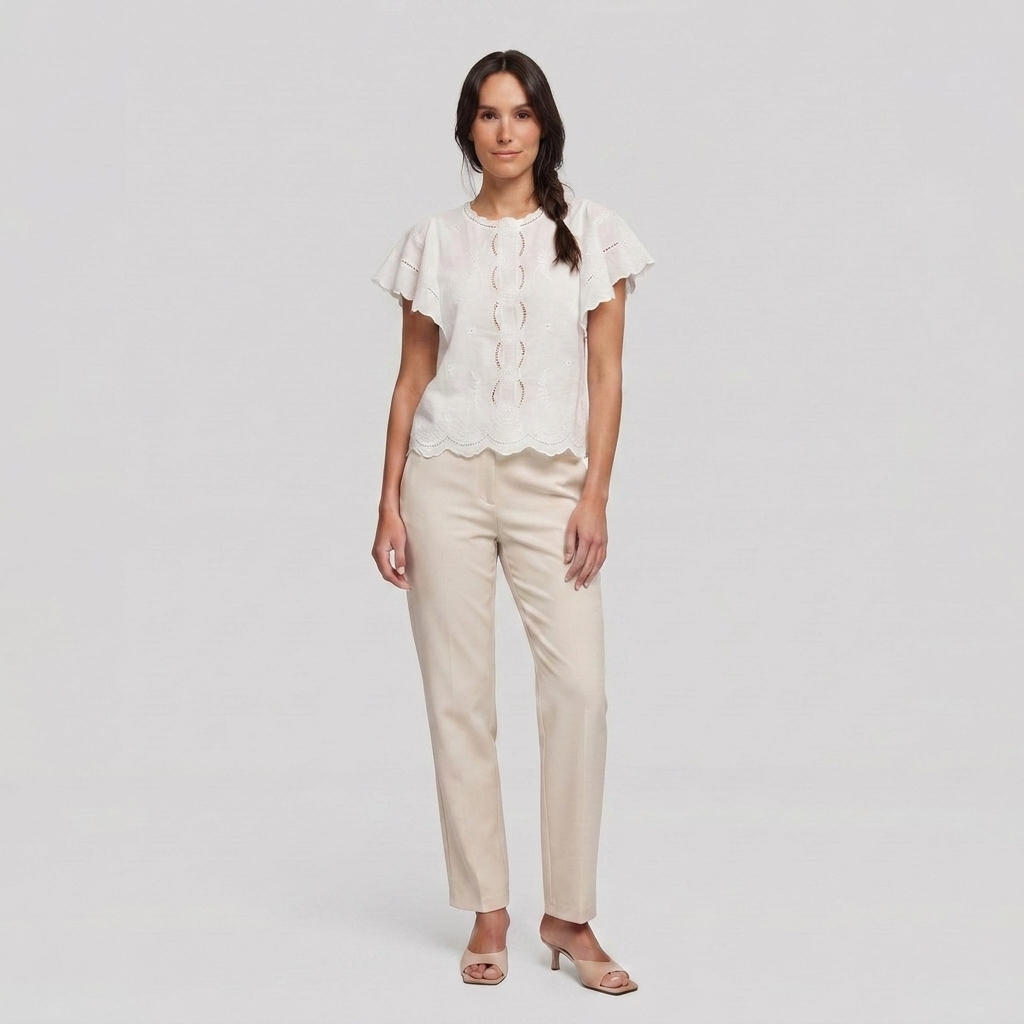 Pamela Boutique white broderie anglaise blouse flutter sleeve, model front pose B
