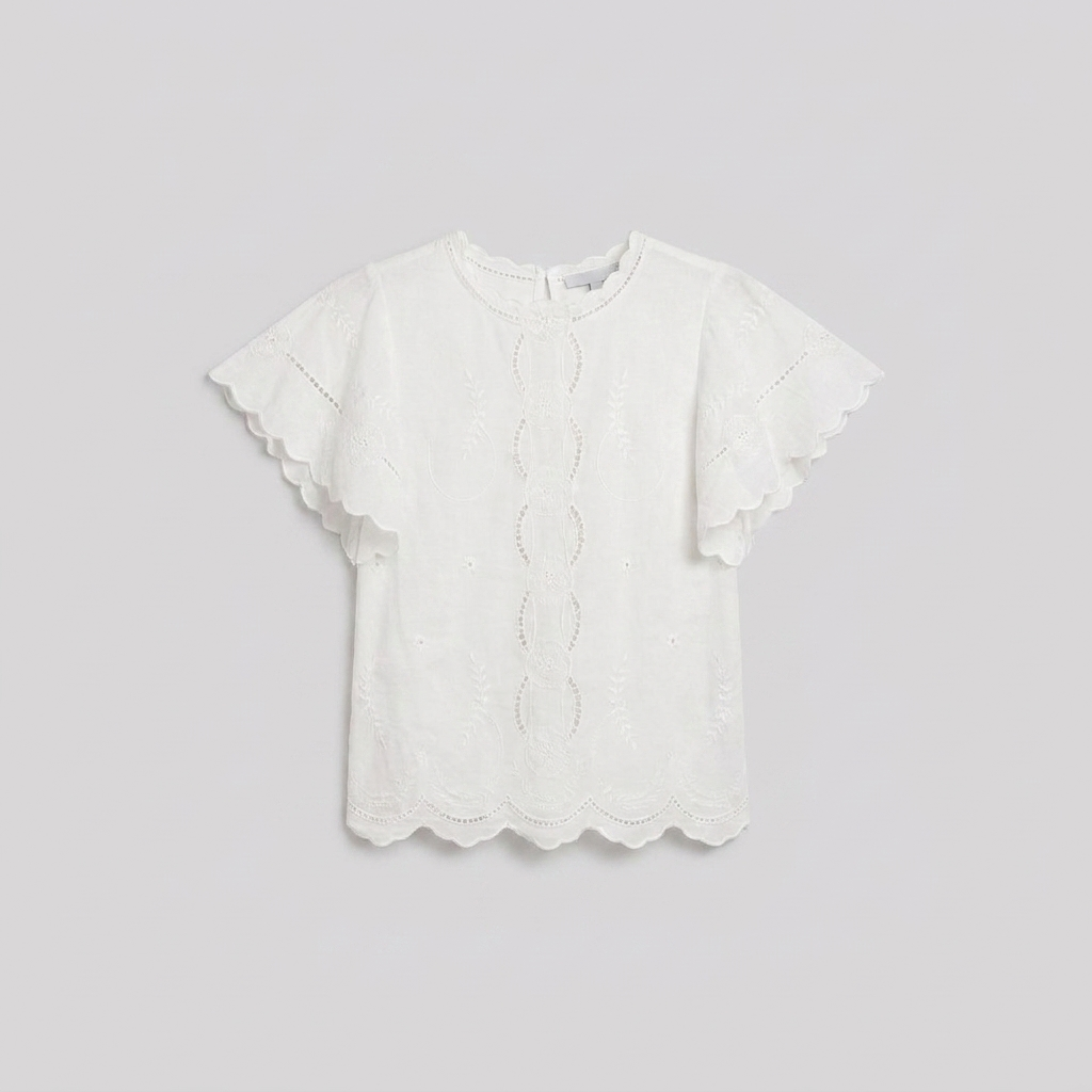 Pamela Boutique white broderie anglaise blouse flutter sleeve, product flat lay