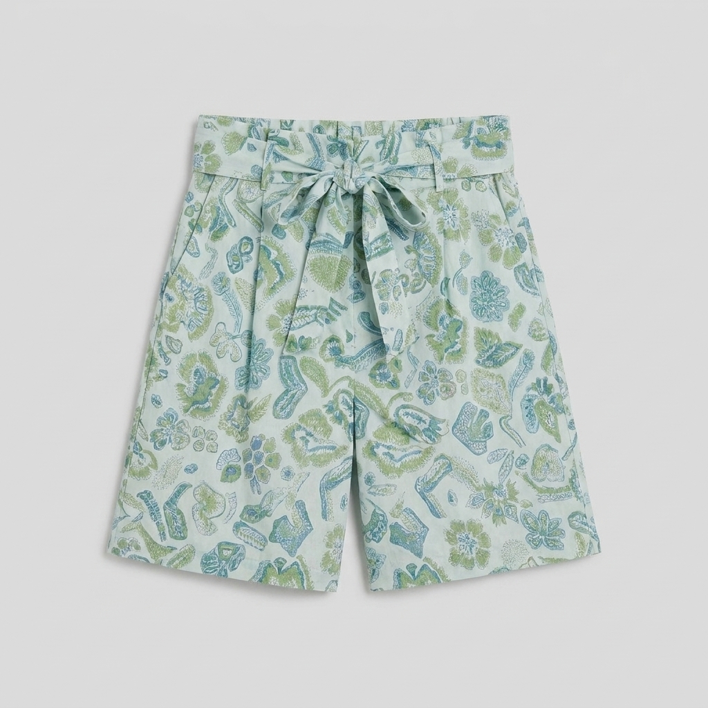 Pamela Boutique mint floral pleated shorts tie belt, product flat lay