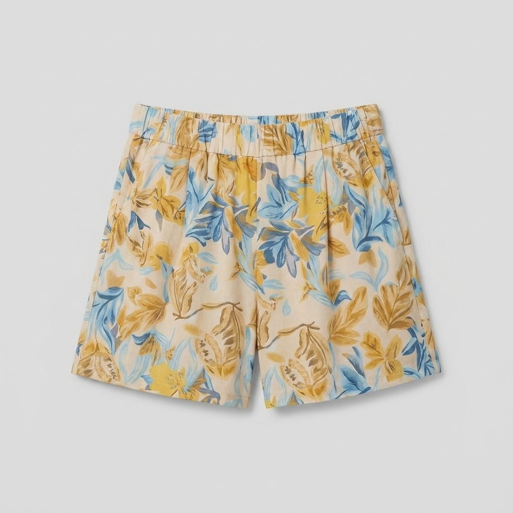 Pamela Boutique beige floral A-line shorts, product flat lay