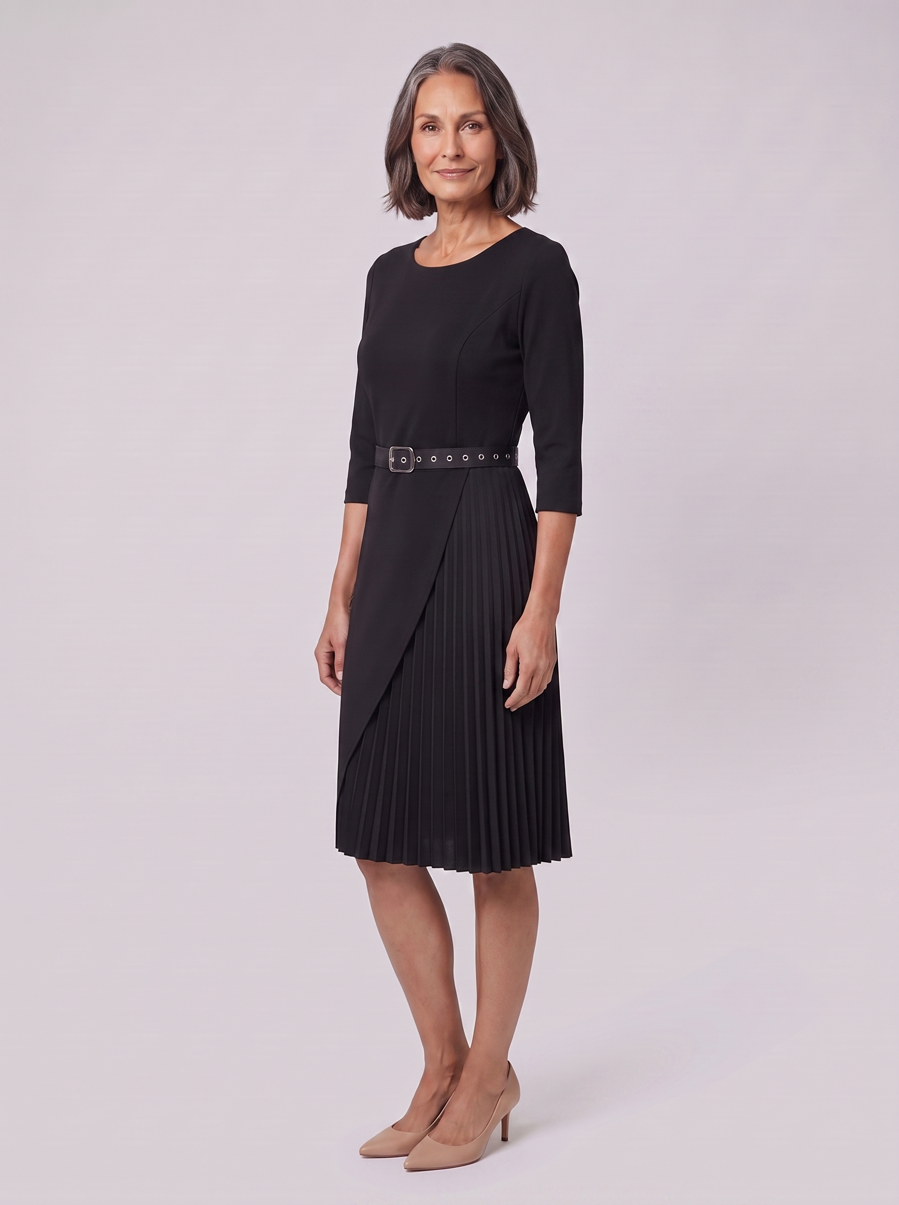 Ilona belted split-sleeve midi dress in black on model
