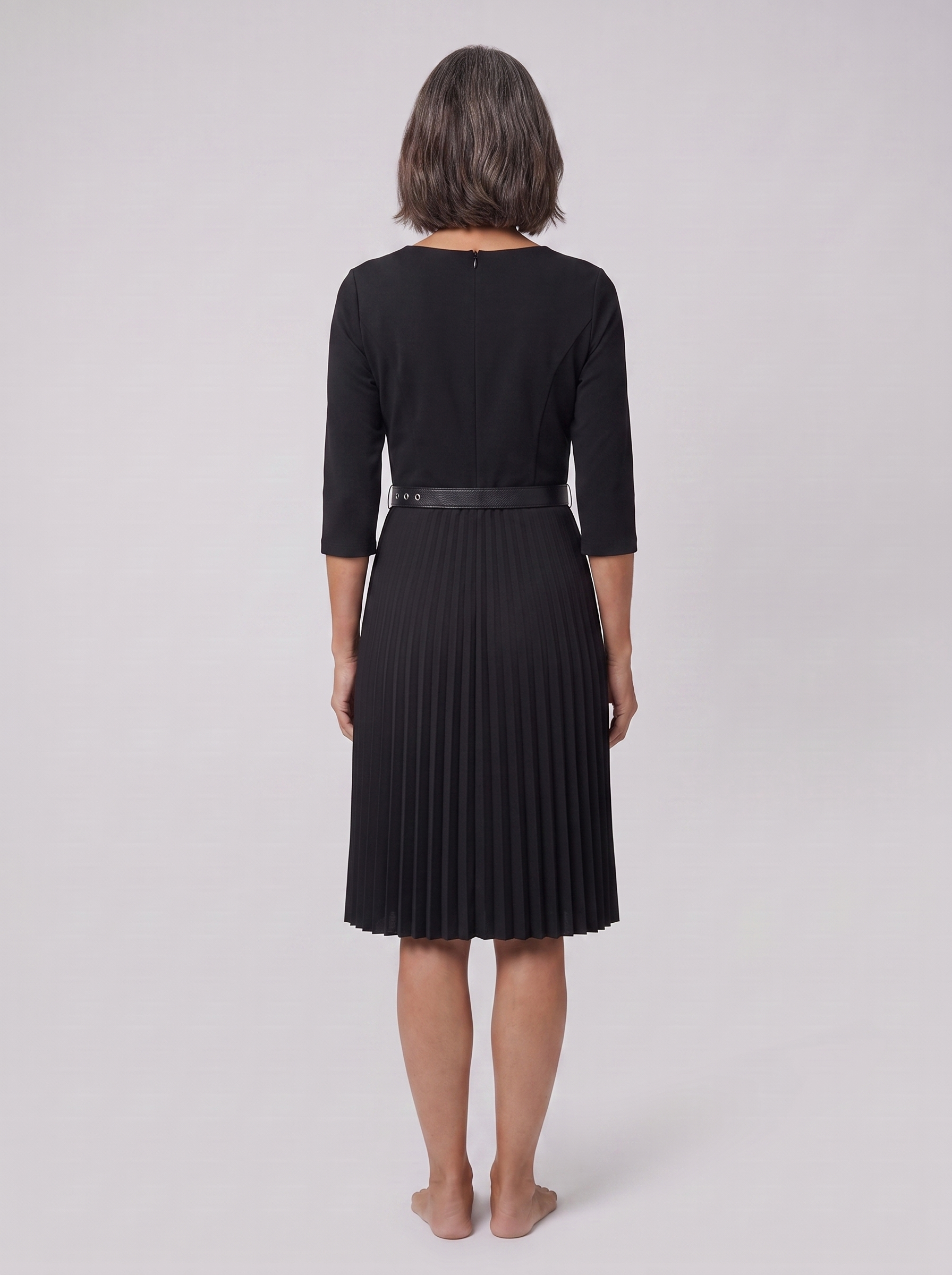 Ilona belted split-sleeve midi dress in black, back view on model