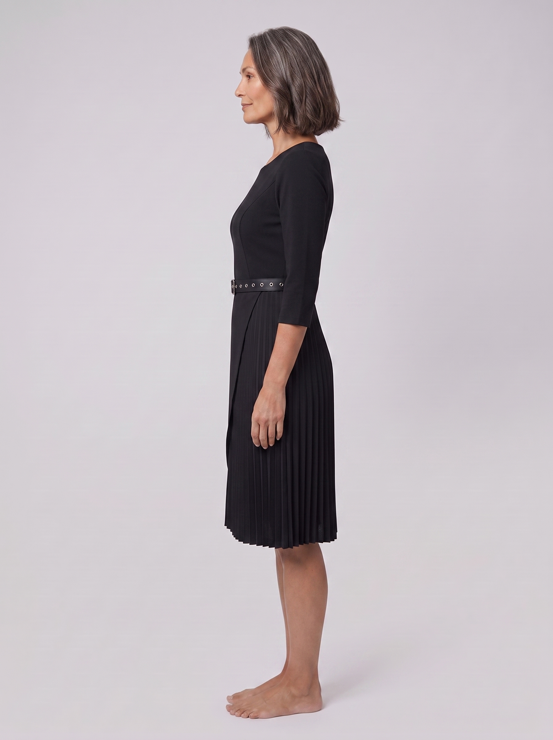 Ilona belted split-sleeve midi dress in black, side view on model
