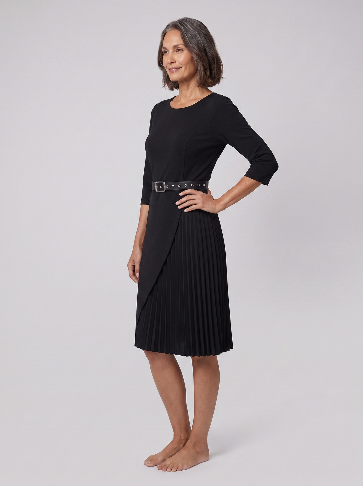 Ilona belted split-sleeve midi dress in black on model