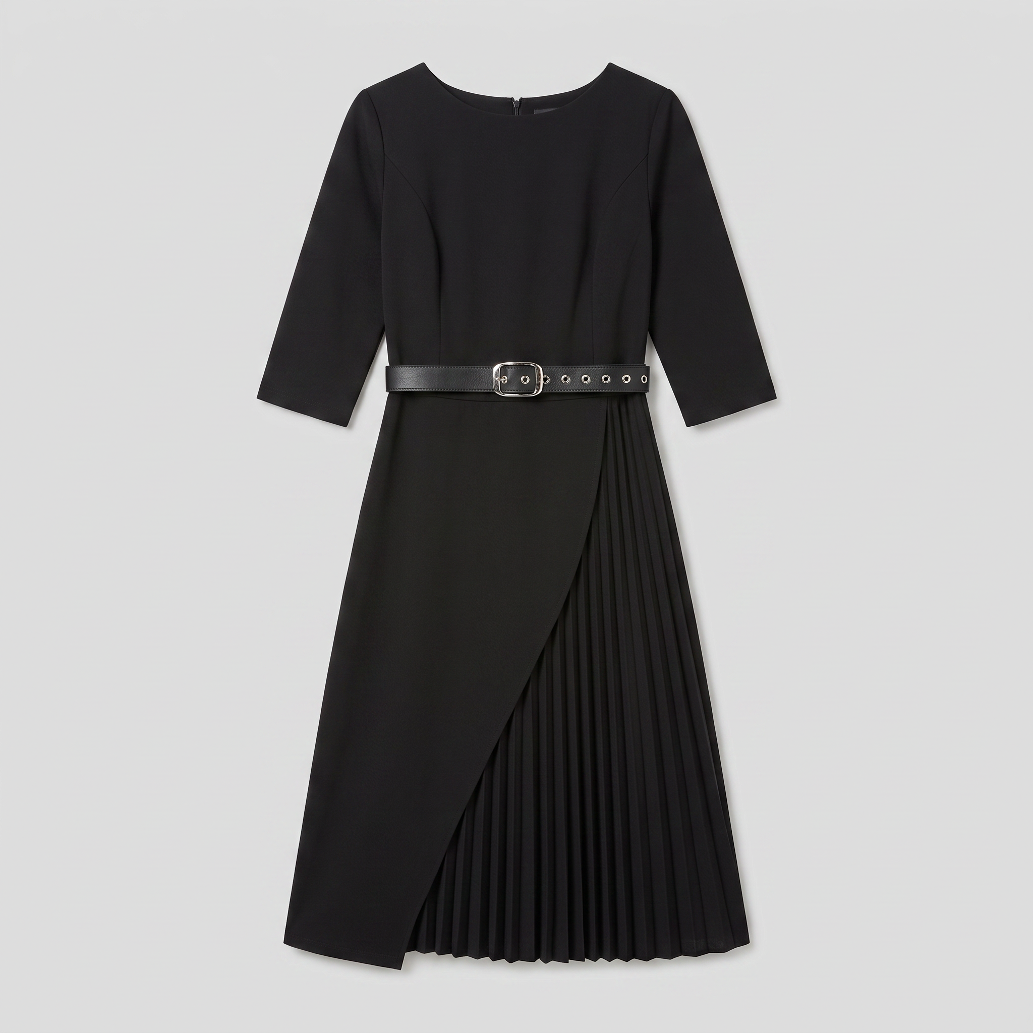 Ilona belted split-sleeve midi dress in black, flat lay product shot