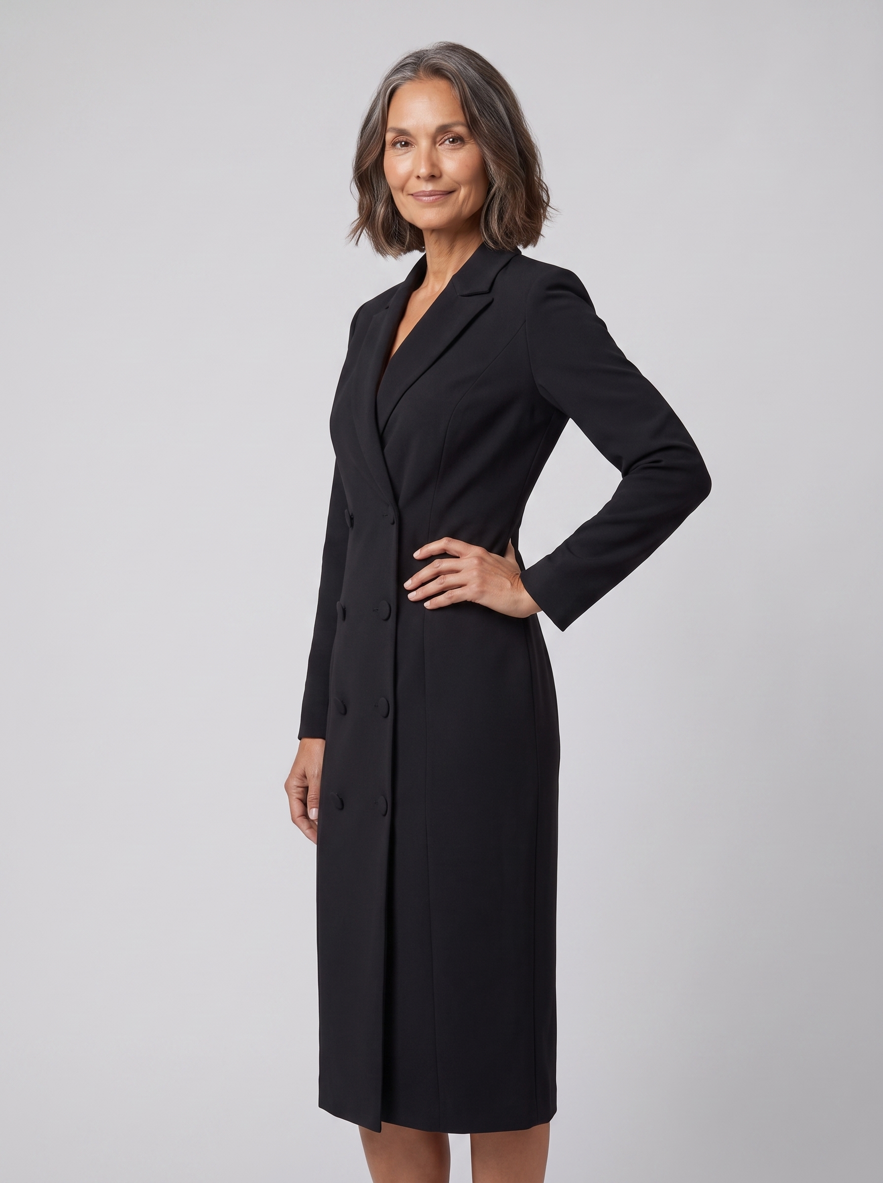 Imara tailored blazer midi dress in black on model