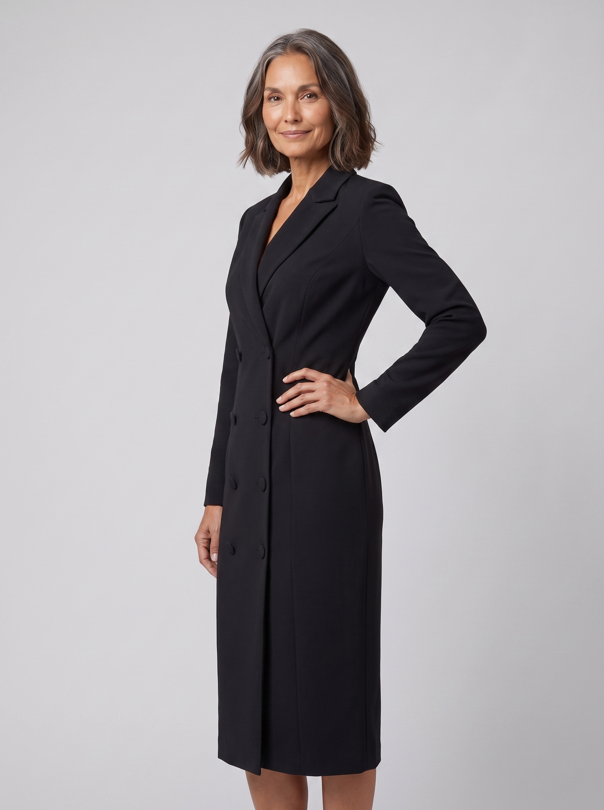 Imara tailored blazer midi dress in black on model