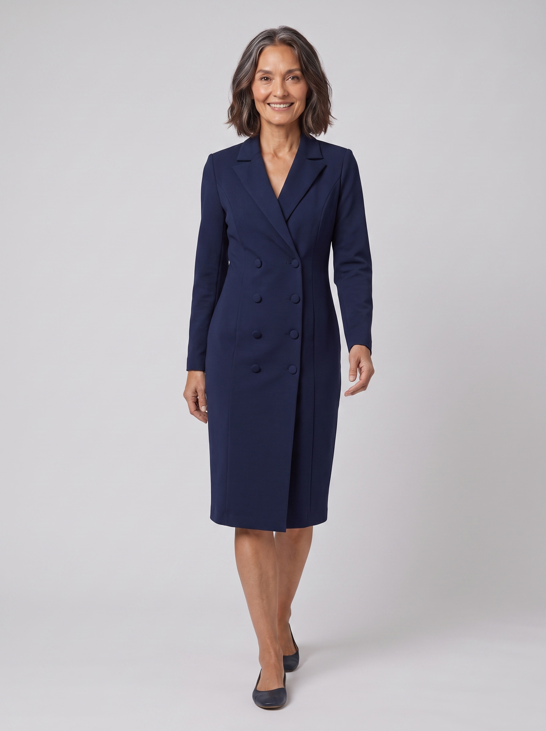 Imara tailored blazer midi dress in navy on model