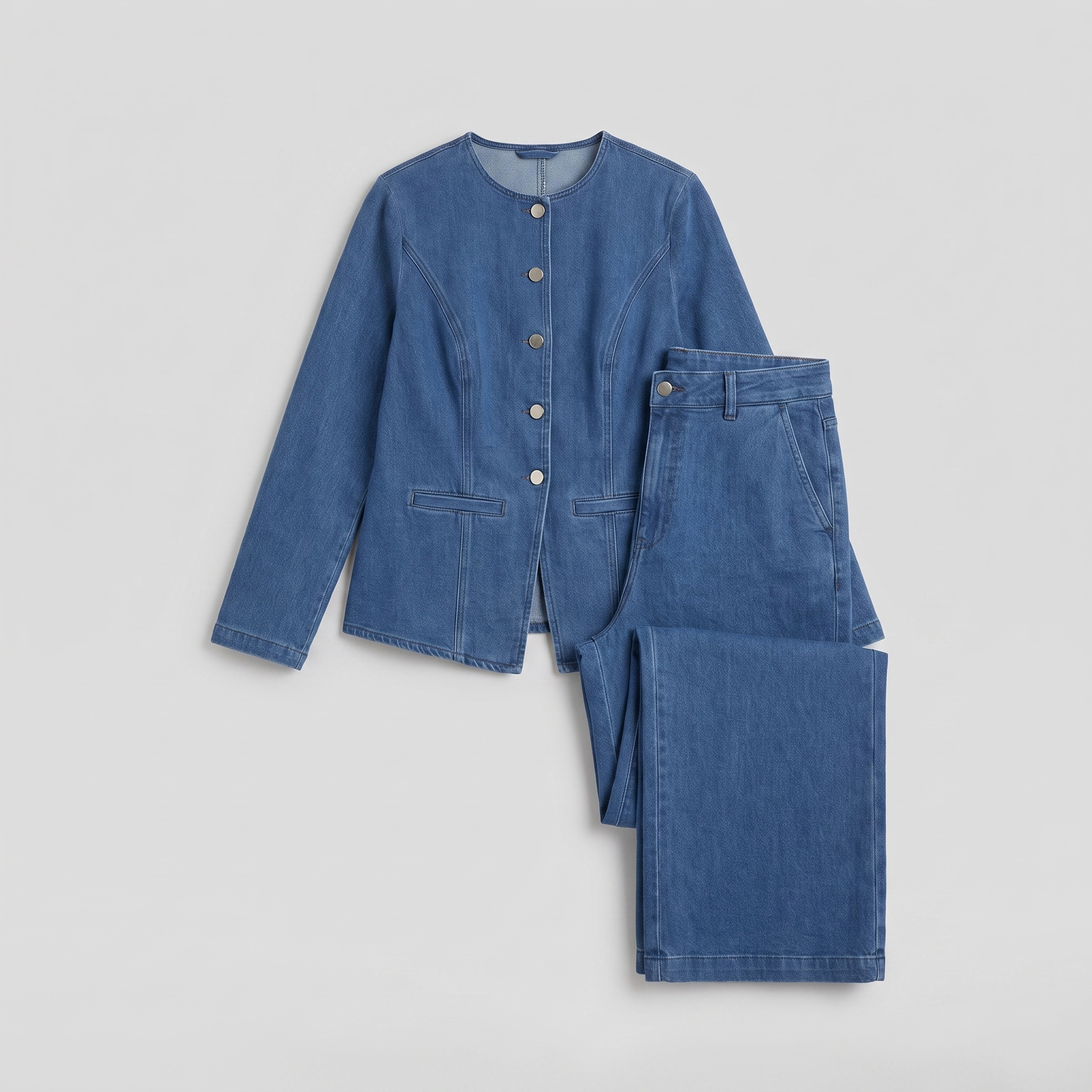 Indra collarless denim jacket and wide-leg trousers, flat lay product shot