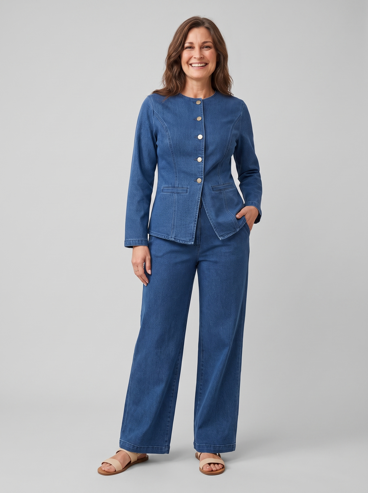 Indra collarless denim jacket and wide-leg trouser set in mid blue on model