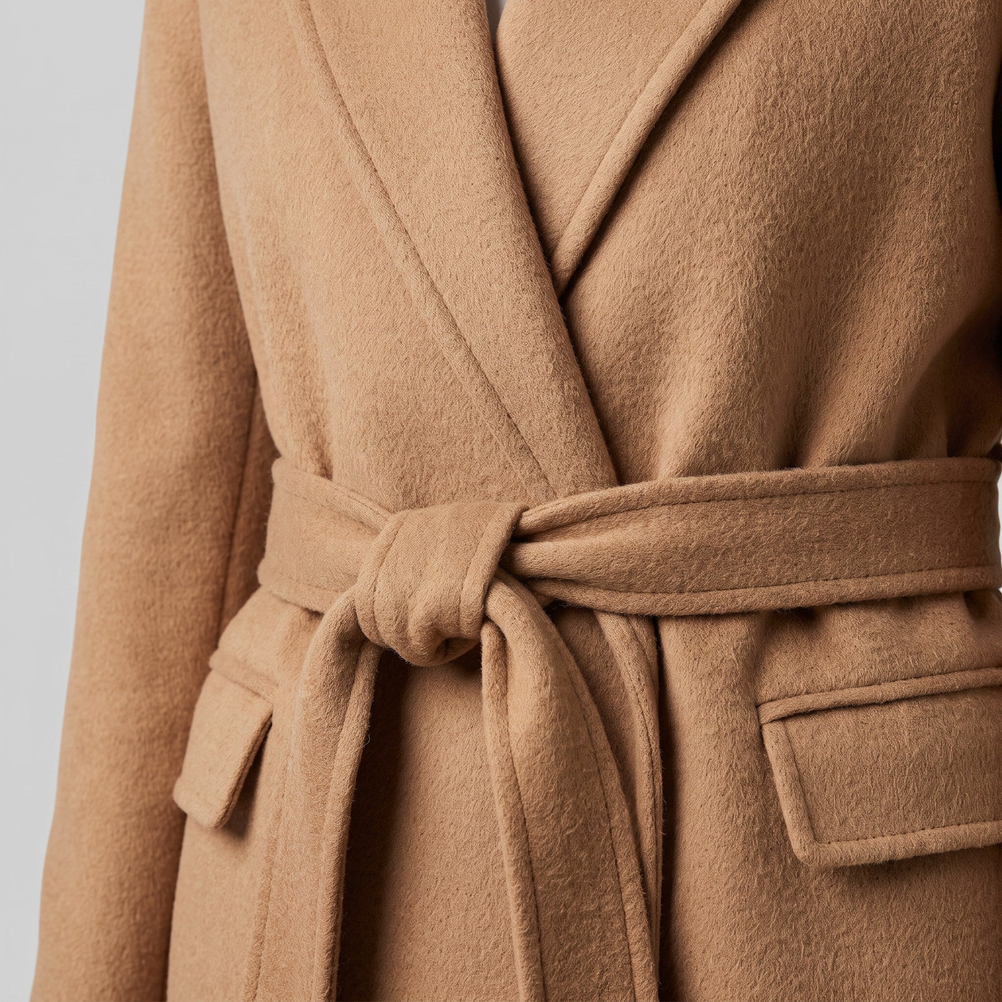 Ines wrap coat tied belt and wool-blend fabric close-up