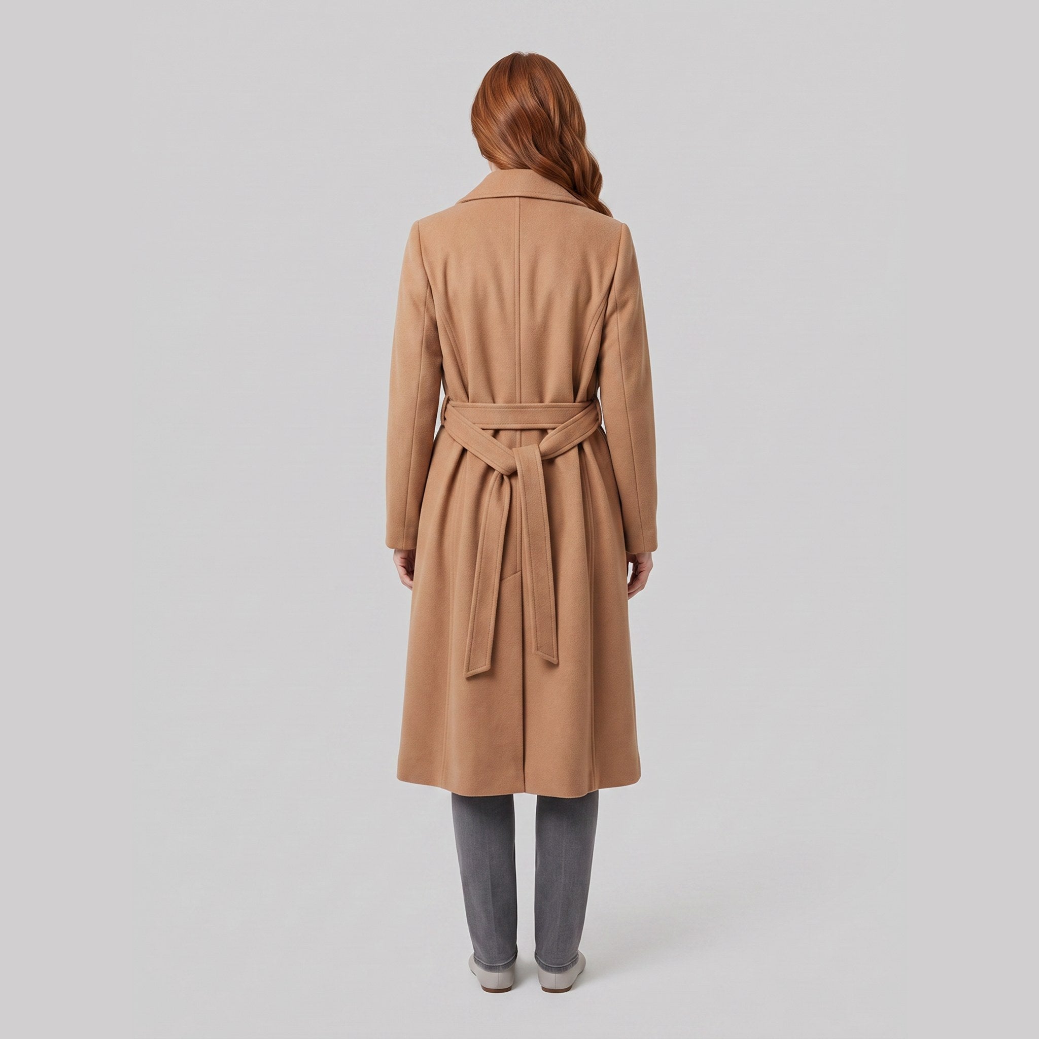 Ines longline belted wrap coat in camel, back view on model