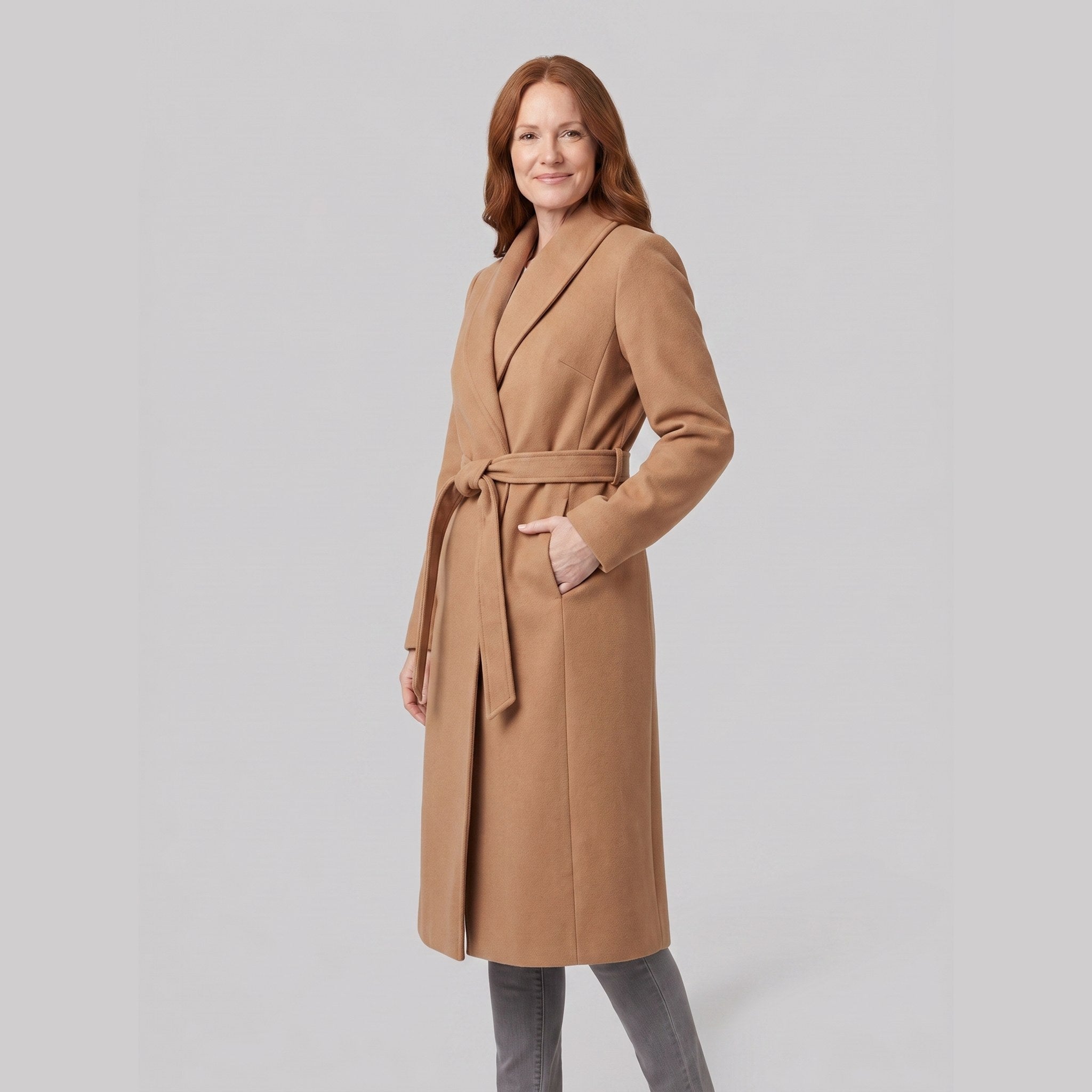 Ines longline belted wrap coat in camel, front view on model