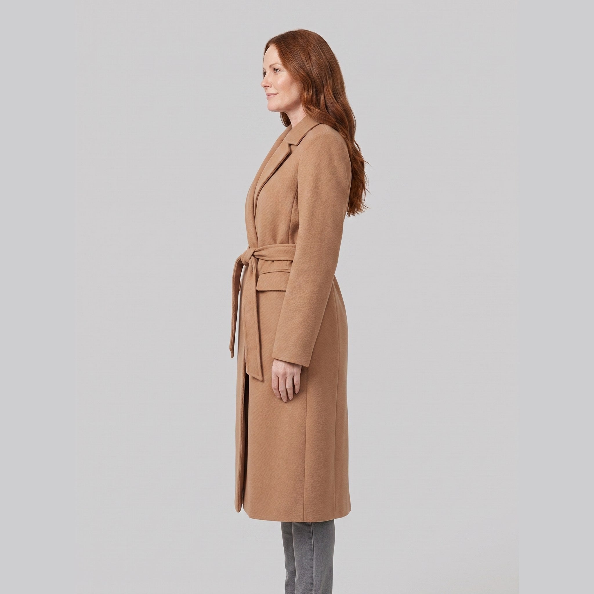 Ines longline belted wrap coat in camel, side view on model