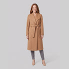 Ines longline belted wrap coat in camel on model