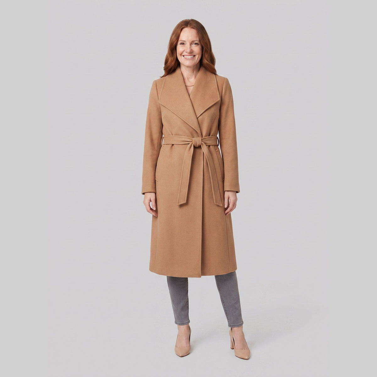 Ines longline belted wrap coat in camel on model