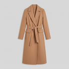 Ines longline belted wrap coat in camel, flat lay product shot