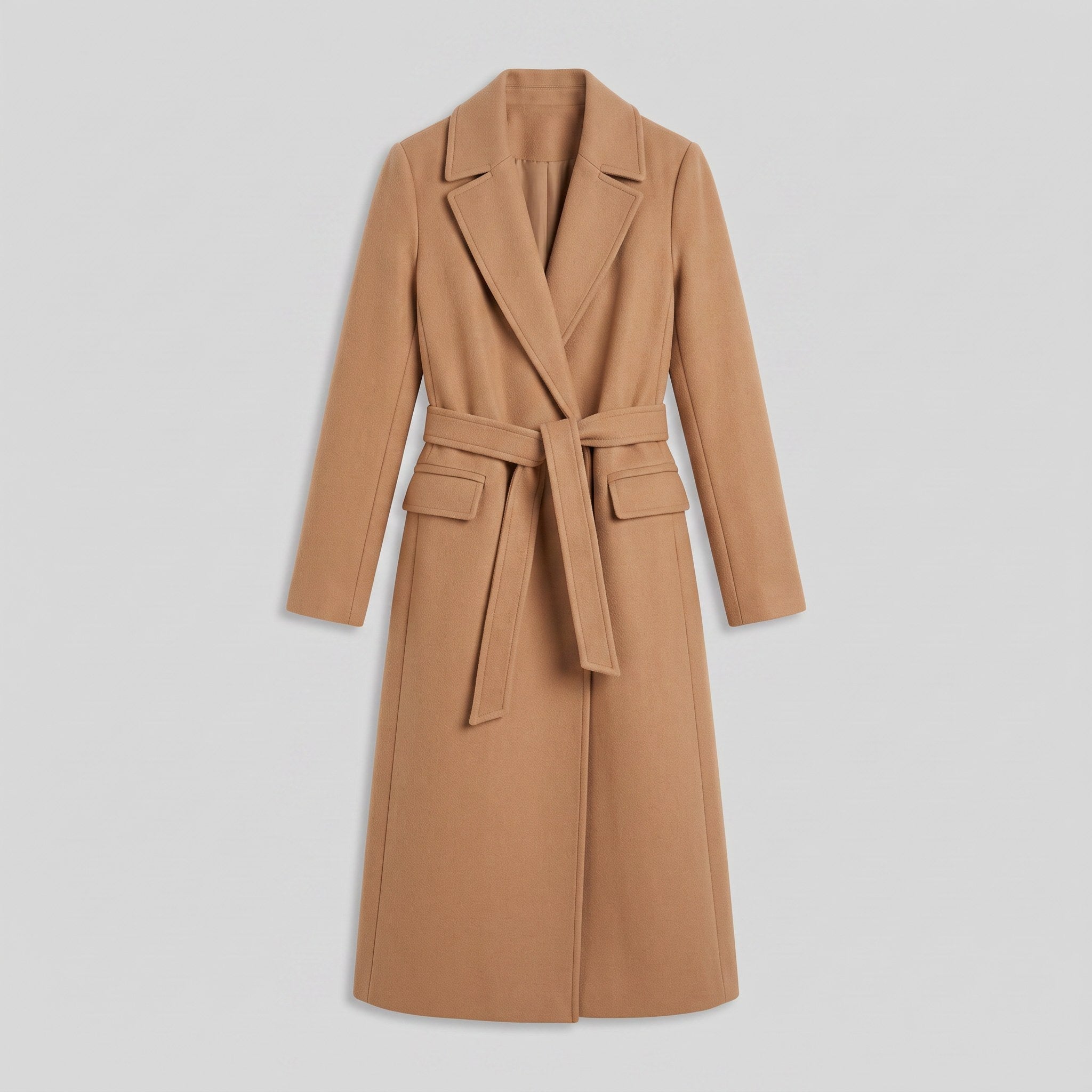 Ines longline belted wrap coat in camel, flat lay product shot