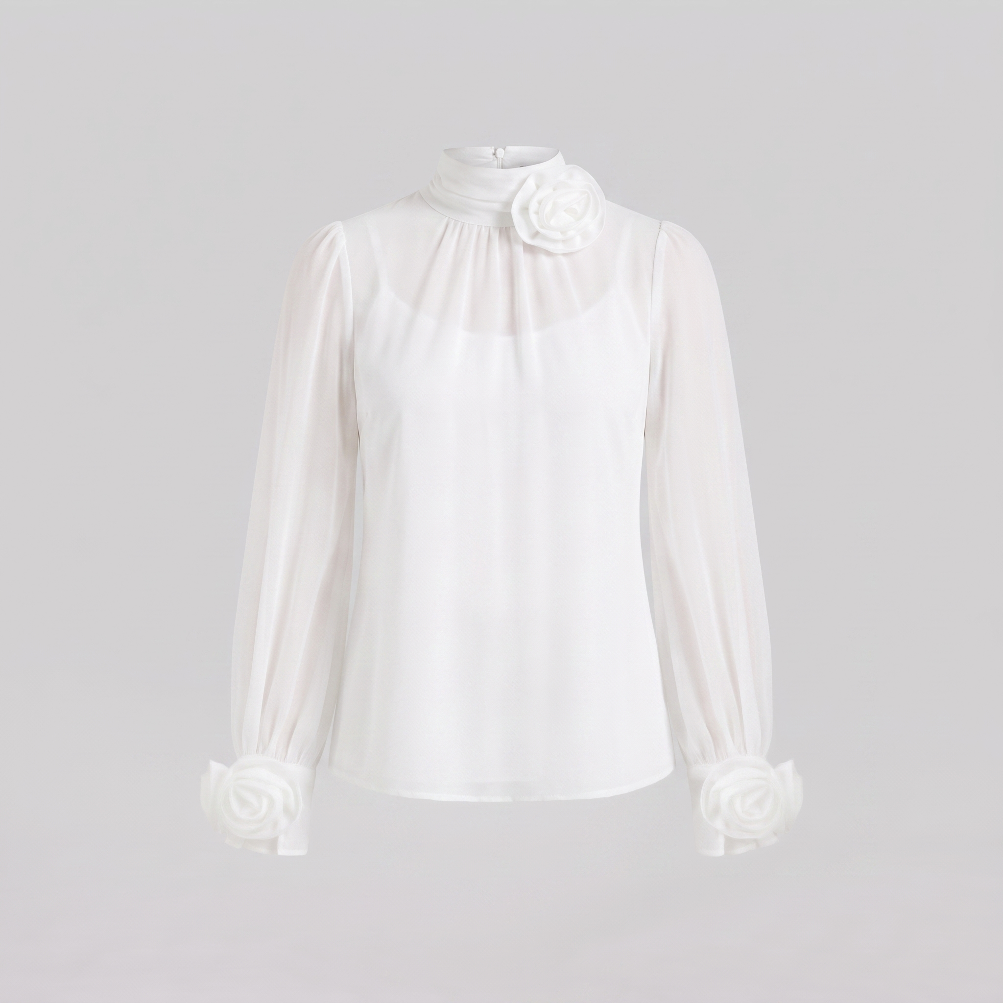 Iona sheer chiffon blouse with 3D rosettes, flat lay product shot