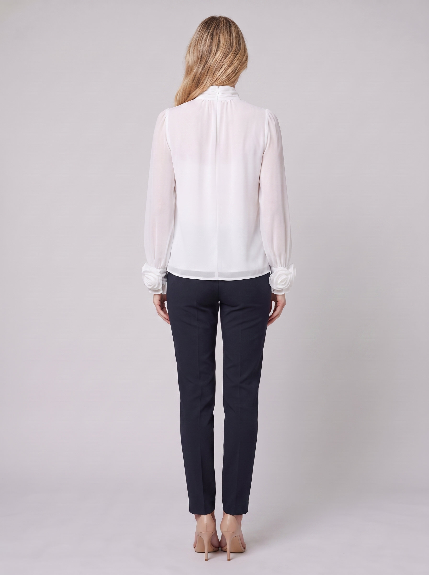 Iona sheer chiffon blouse in white, back view on model