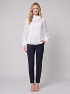 Iona sheer chiffon blouse with 3D rosettes in white on model