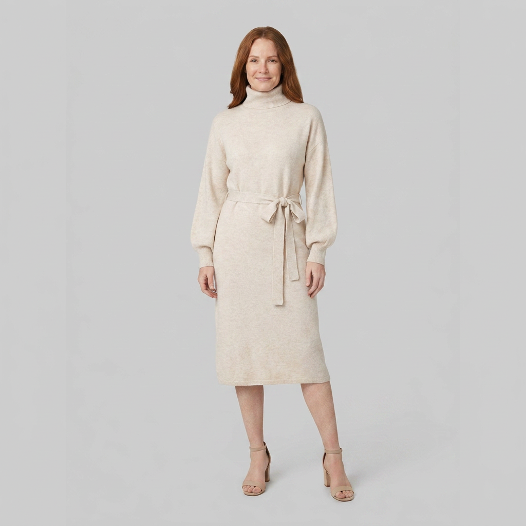 Isabella wool-blend turtleneck knit midi dress in cream on model