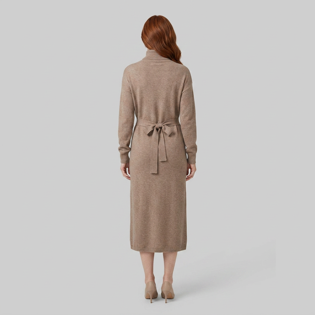 Isabella wool-blend knit midi dress in oatmeal, back view on model