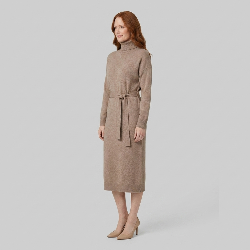 Isabella wool-blend knit midi dress in oatmeal, side view on model