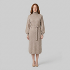 Isabella wool-blend turtleneck knit midi dress in oatmeal on model