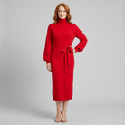 Isabella wool-blend turtleneck knit midi dress in red on model