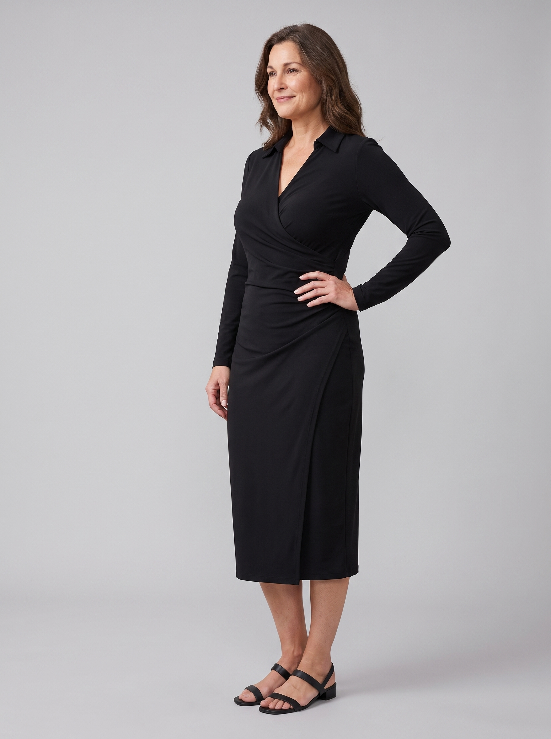 Isla wrap midi dress in black on model